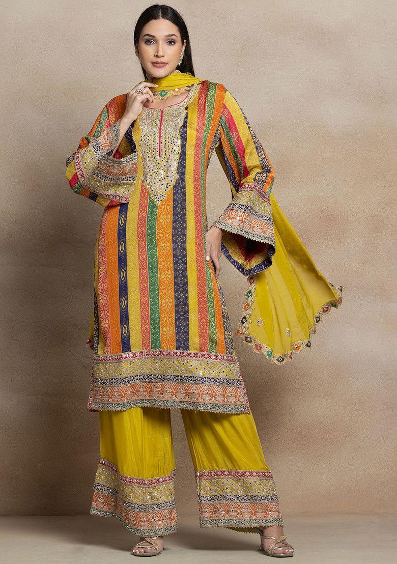 multicolour abstract print embroidered kurta set with yellow pants and dupatta