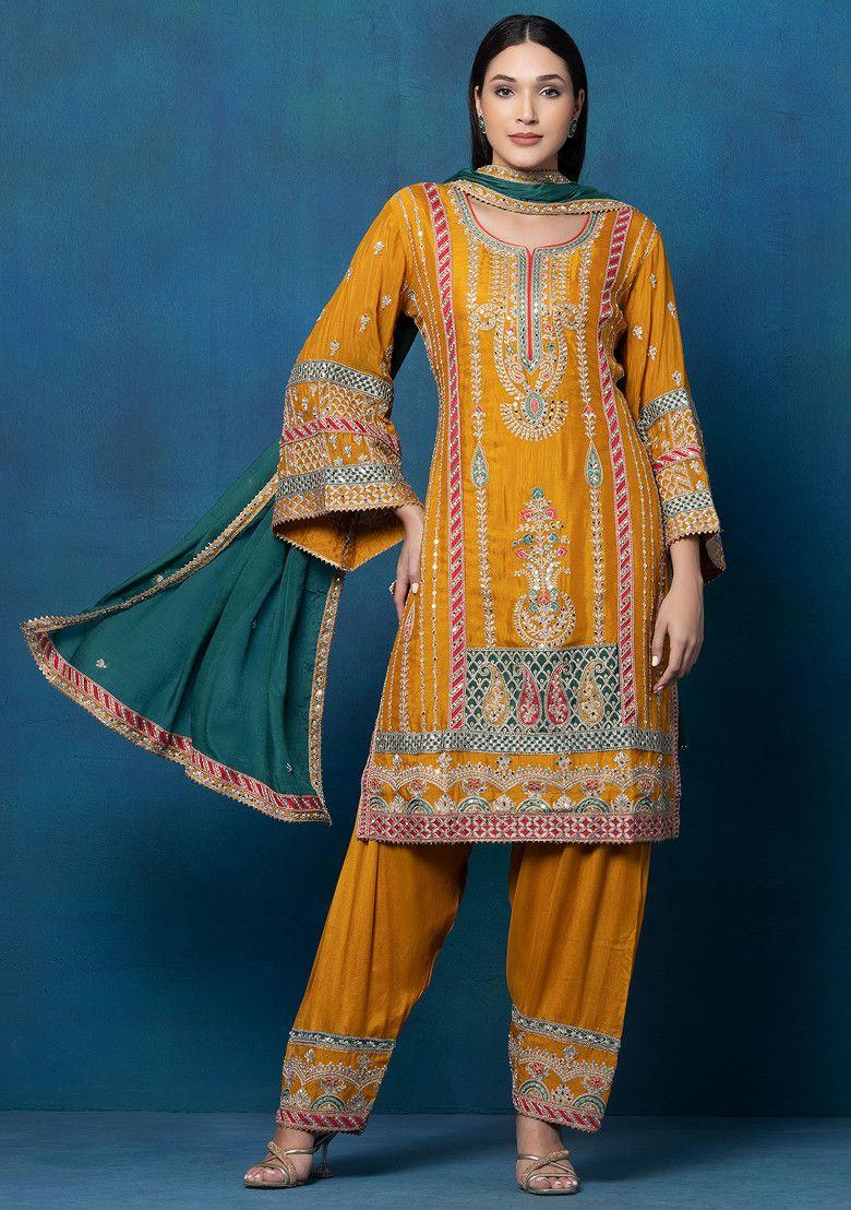 mustard mirror gota patti embroidered kurta set with embroidered palazzo and dupatta