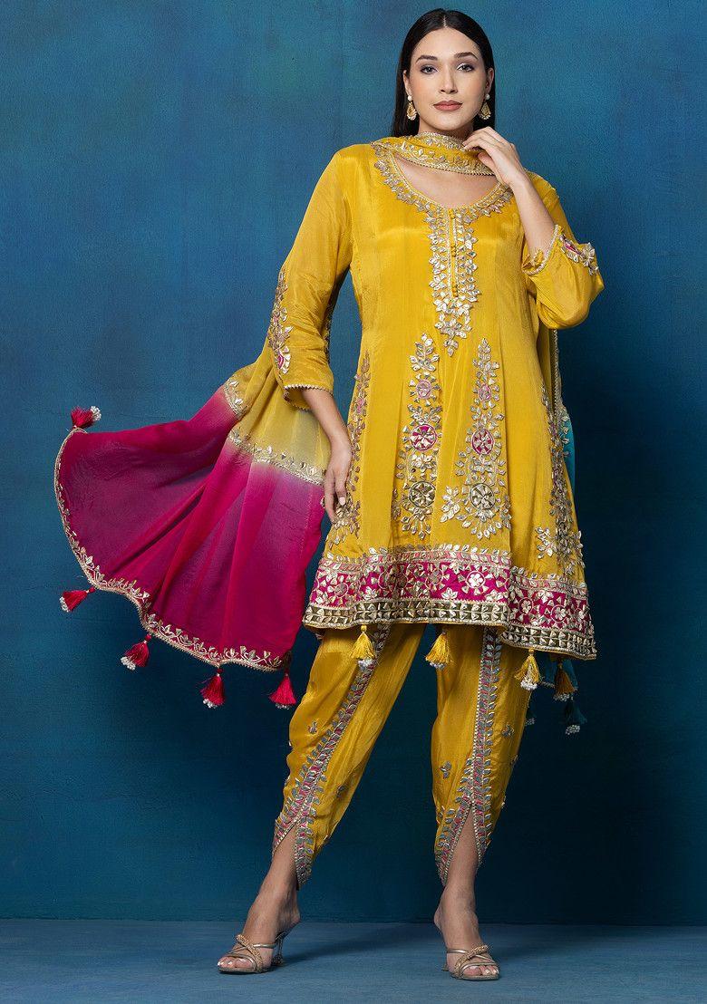 mustard gota patti embroidered kurta set with dhoti pants and dupatta