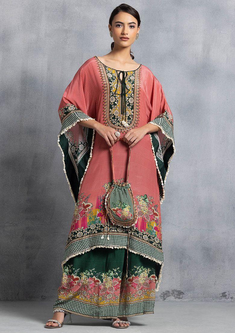 pink floral print mirror embellished kaftan kurta set with palazzo