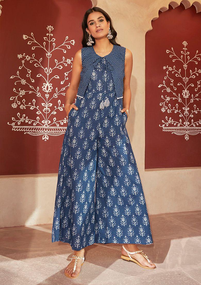 indigo block print cotton jumpsuit with jacket