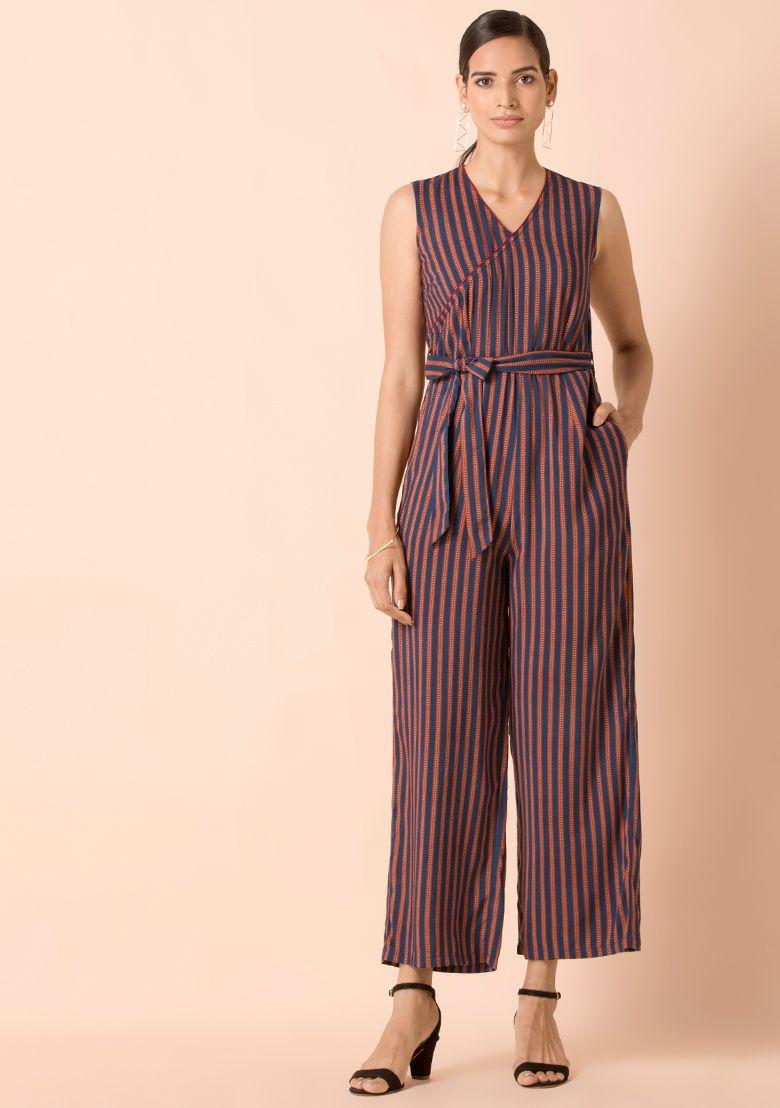 navy maroon striped belted jumpsuit with pockets