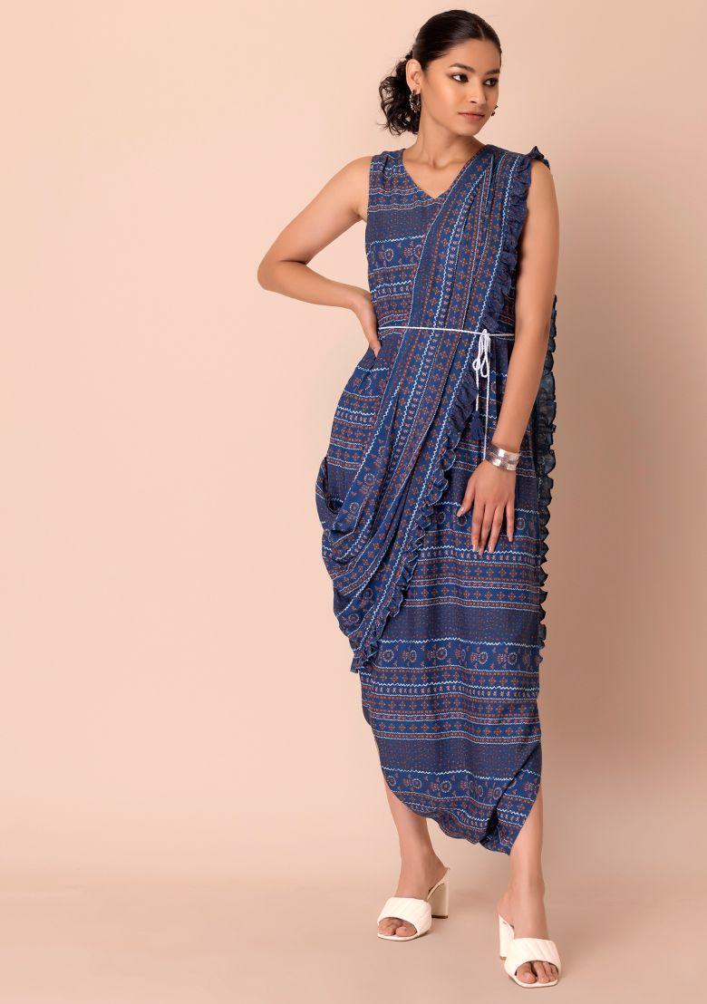 blue printed belted jumpsuit with attached dupatta