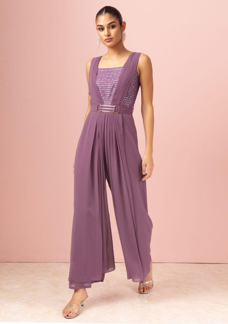 purple sequin embroidered jumpsuit with belt and attached drape (set of 2)