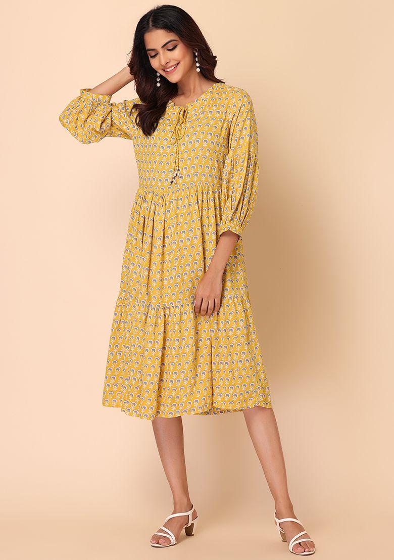 yellow foil print tiered rayon dress