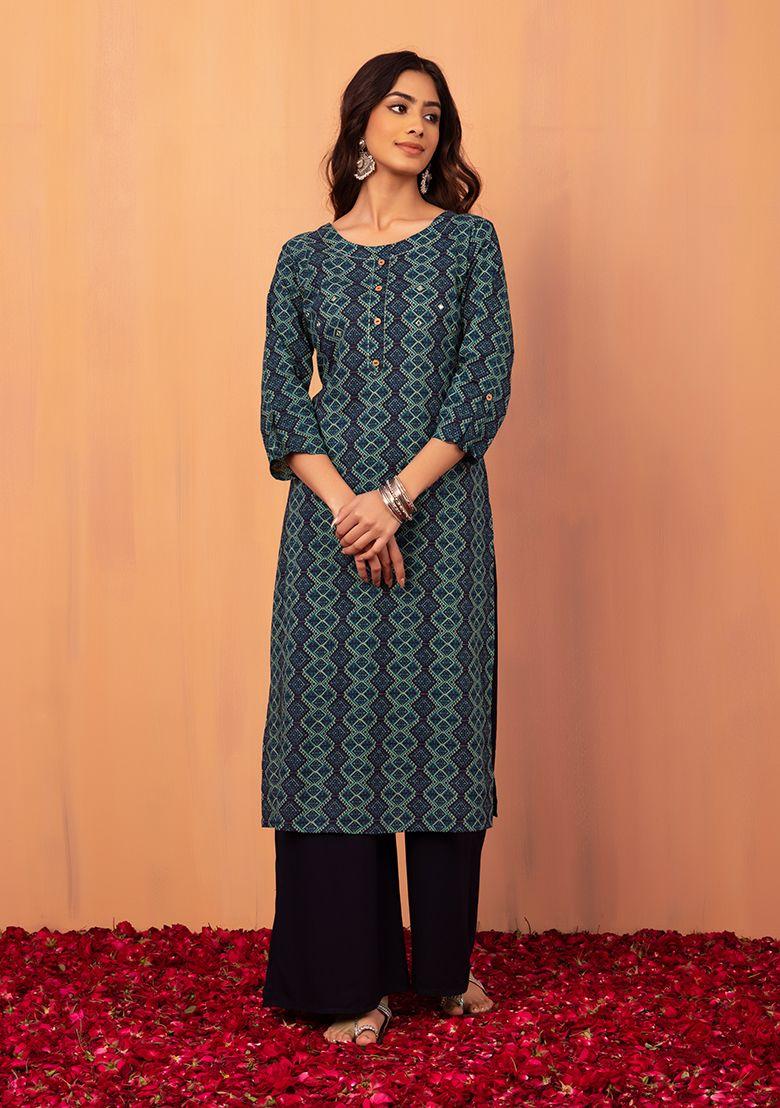 turquoise batik print cotton kurta