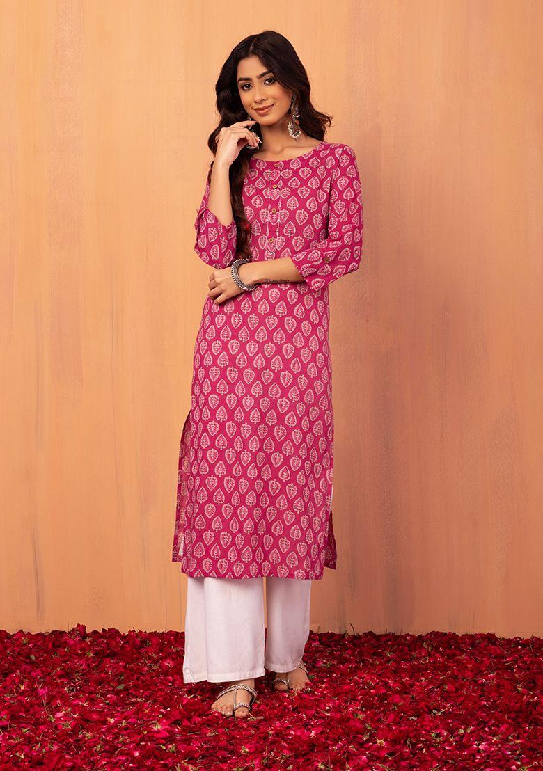 pink batik leaf print cotton kurta