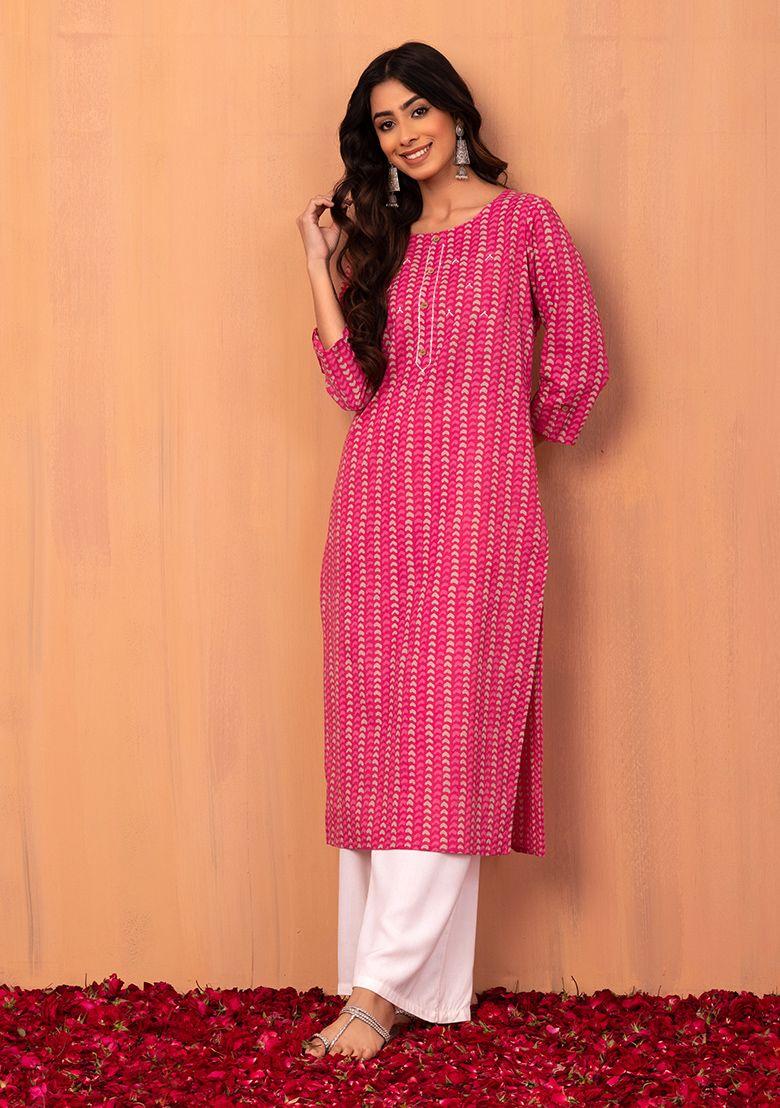 pink batik print cotton kurta