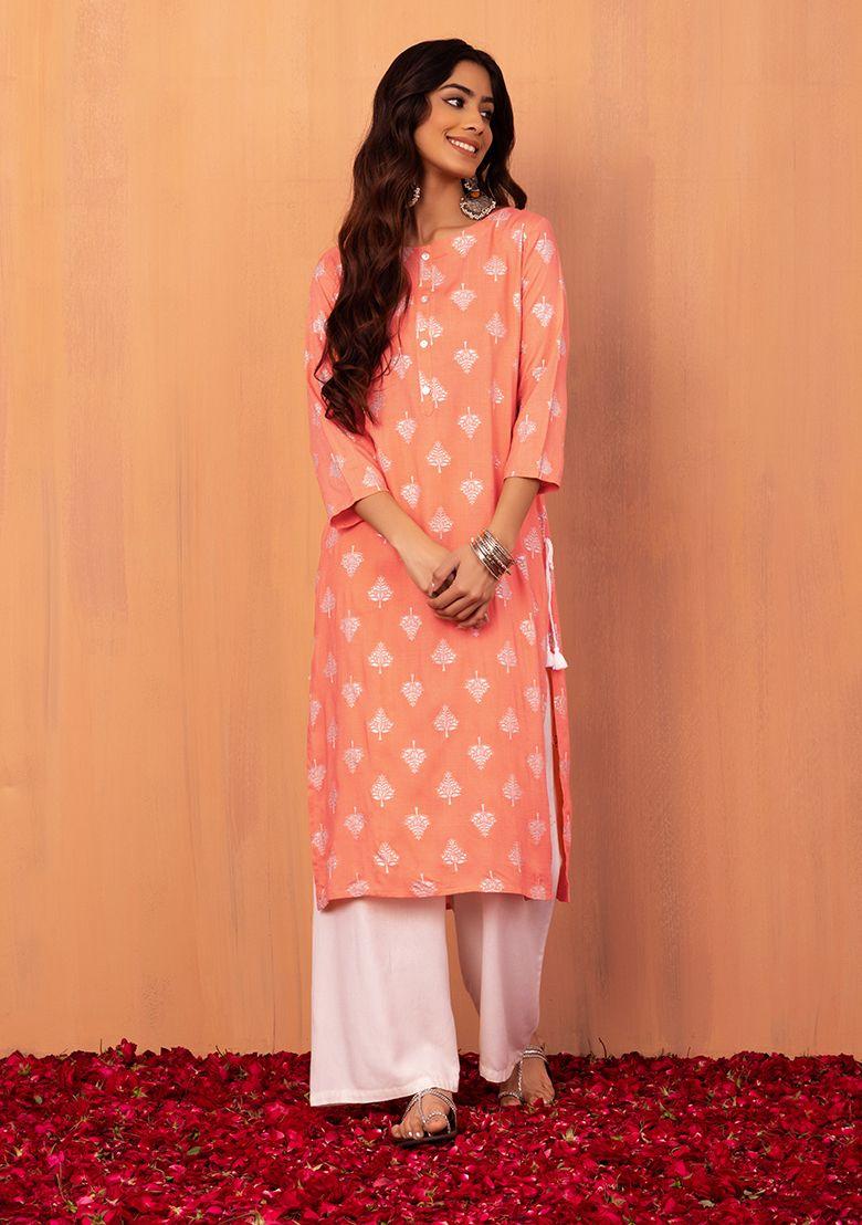 peach foil print kurta