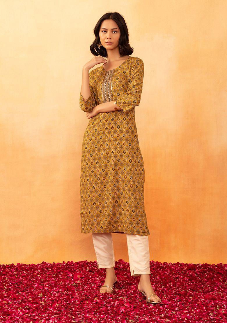 mustard boota print embroidered rayon straight kurta