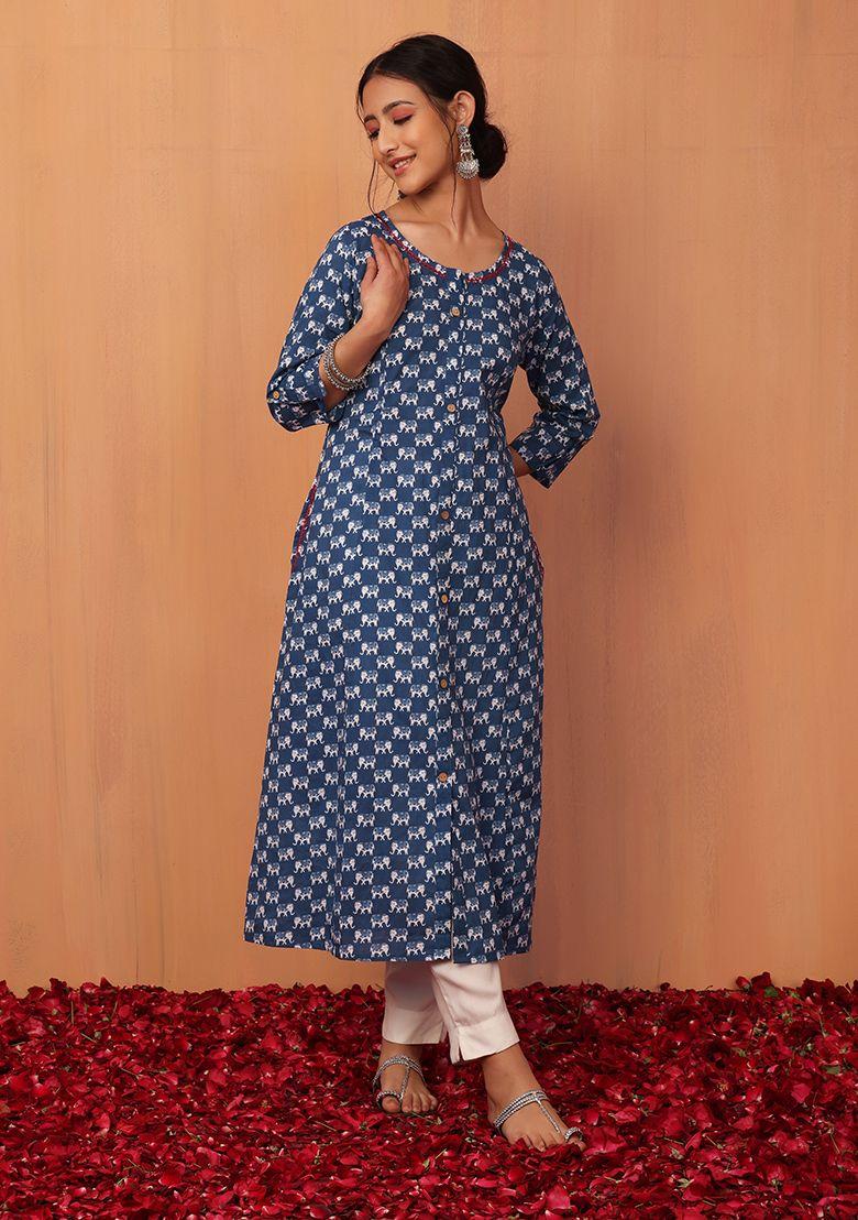 blue boota print open front cotton kurta