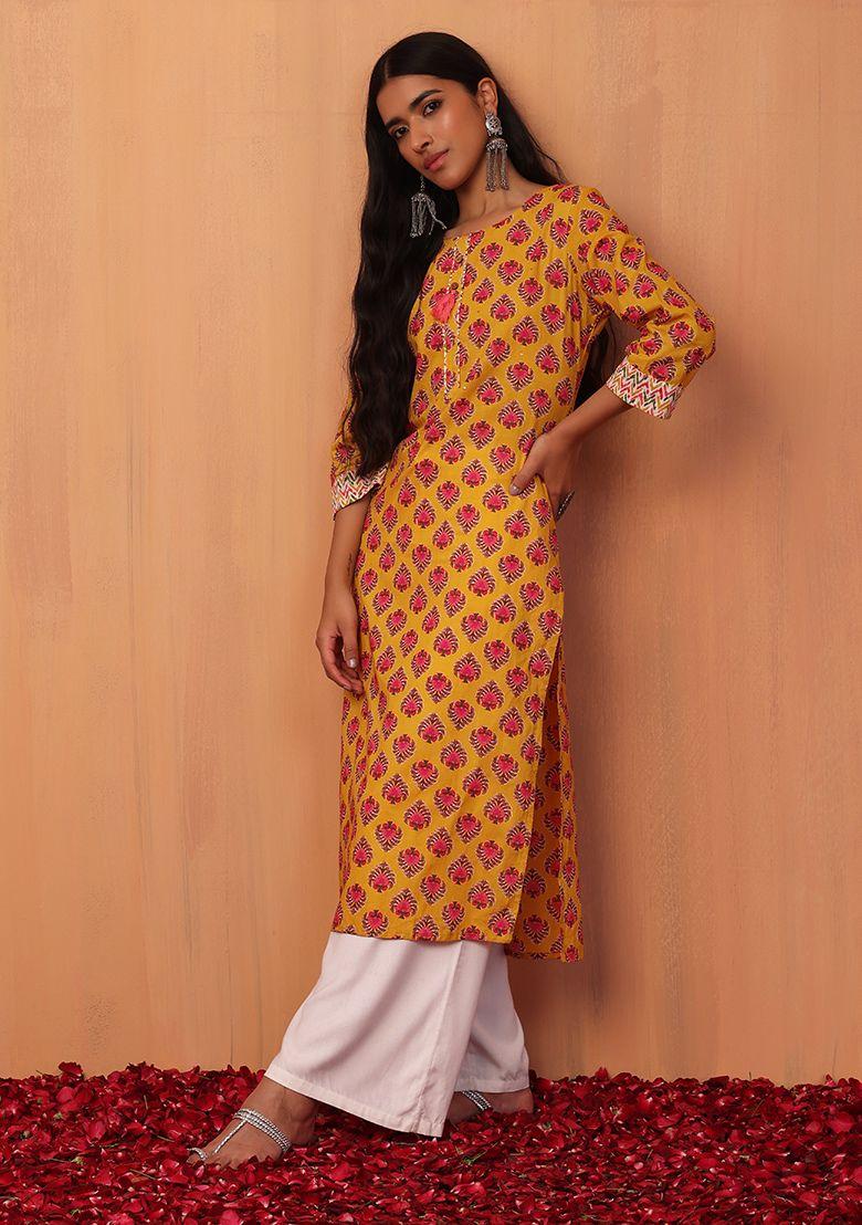 mustard boota print cotton straight kurta