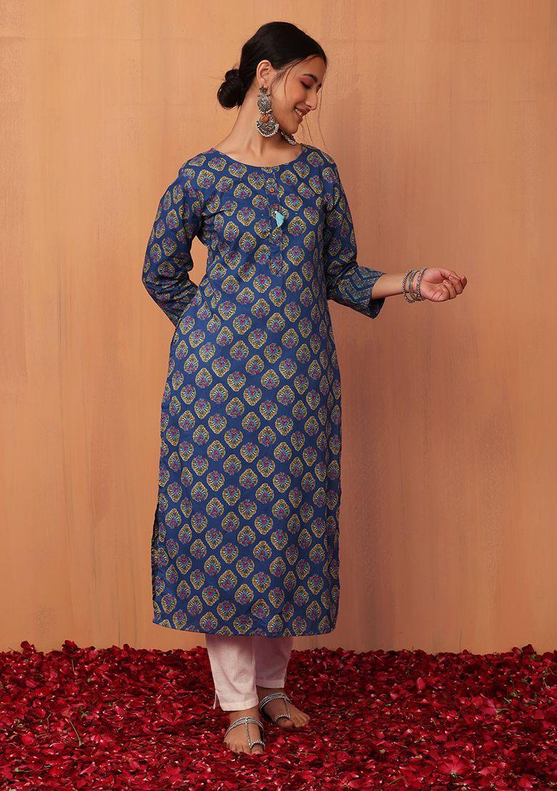 dark blue boota print cotton straight kurta