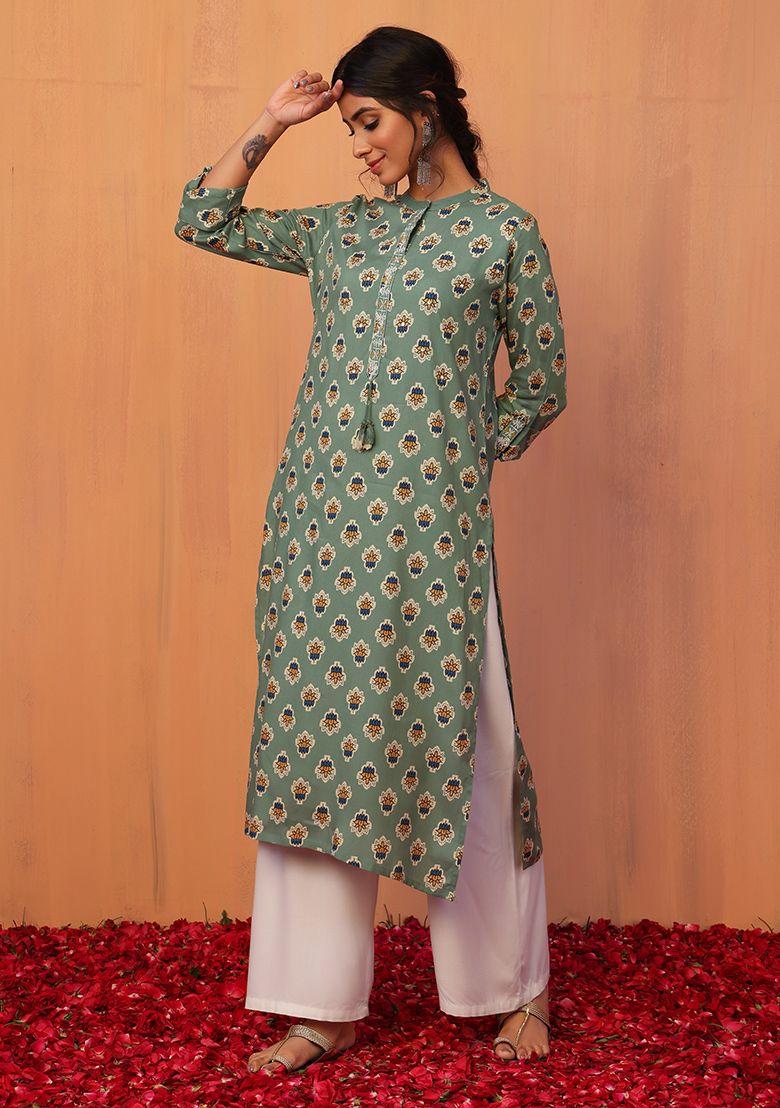 green boota print embroidered straight kurta