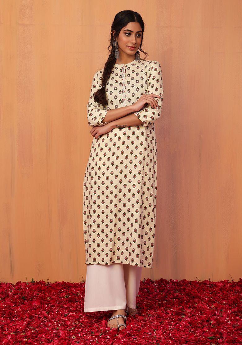 ivory floral boota print embroidered straight kurta