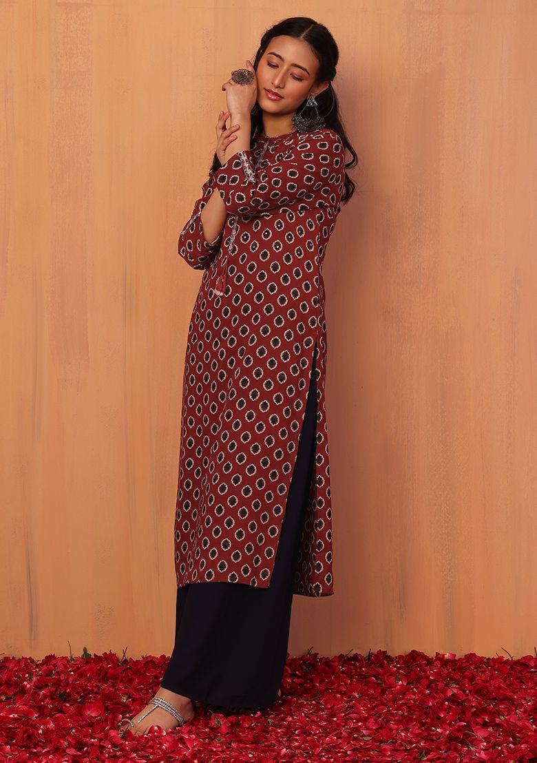 orange floral boota print embroidered straight kurta