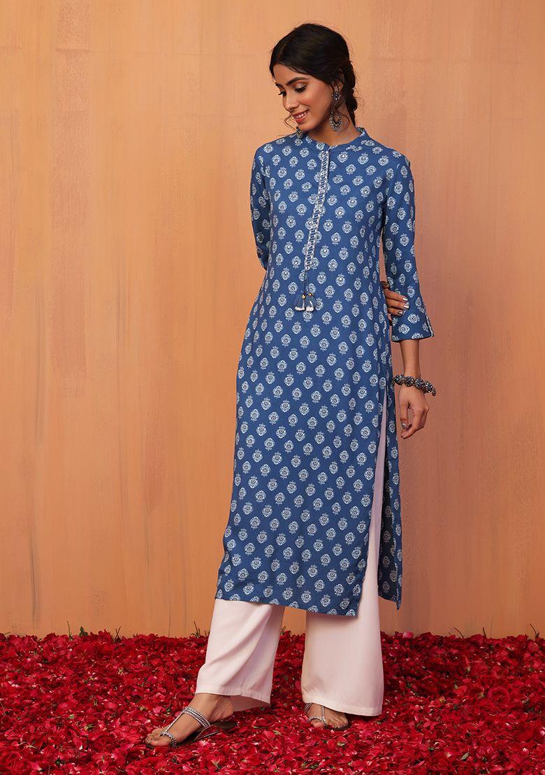 blue abstract boota print straight kurta