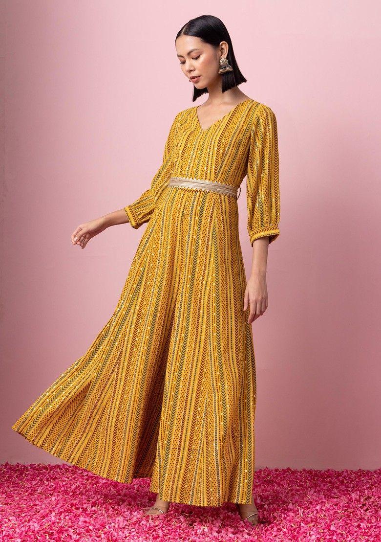 mustard yellow foil print flared jumpsuit with belt (set of 2)