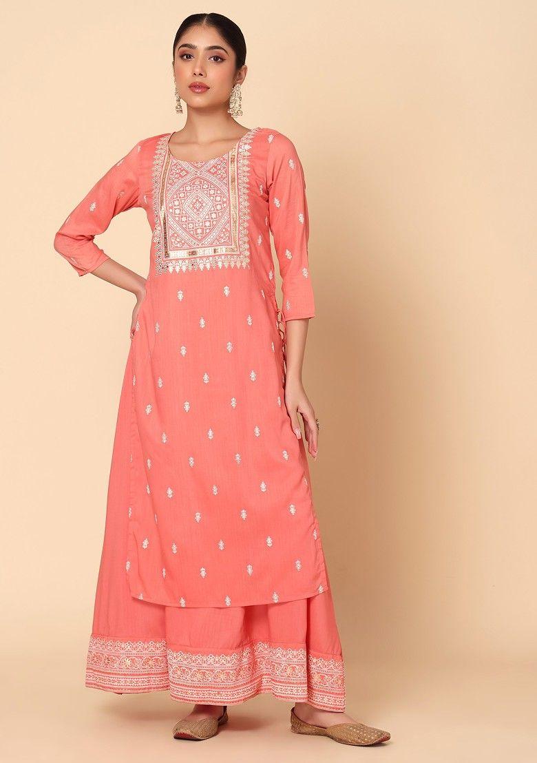 peach foil print double layered muslin kurta