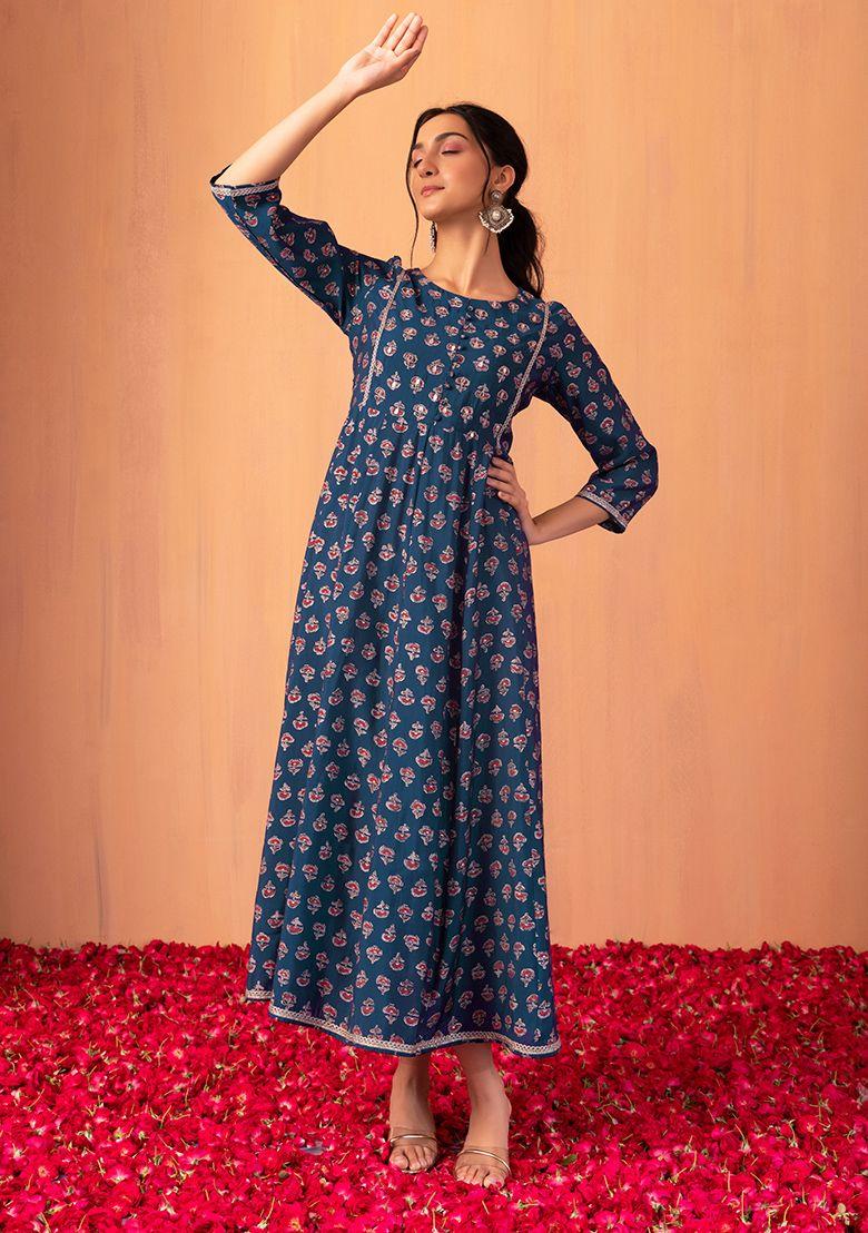 navy blue ajrakh print muslin kurta