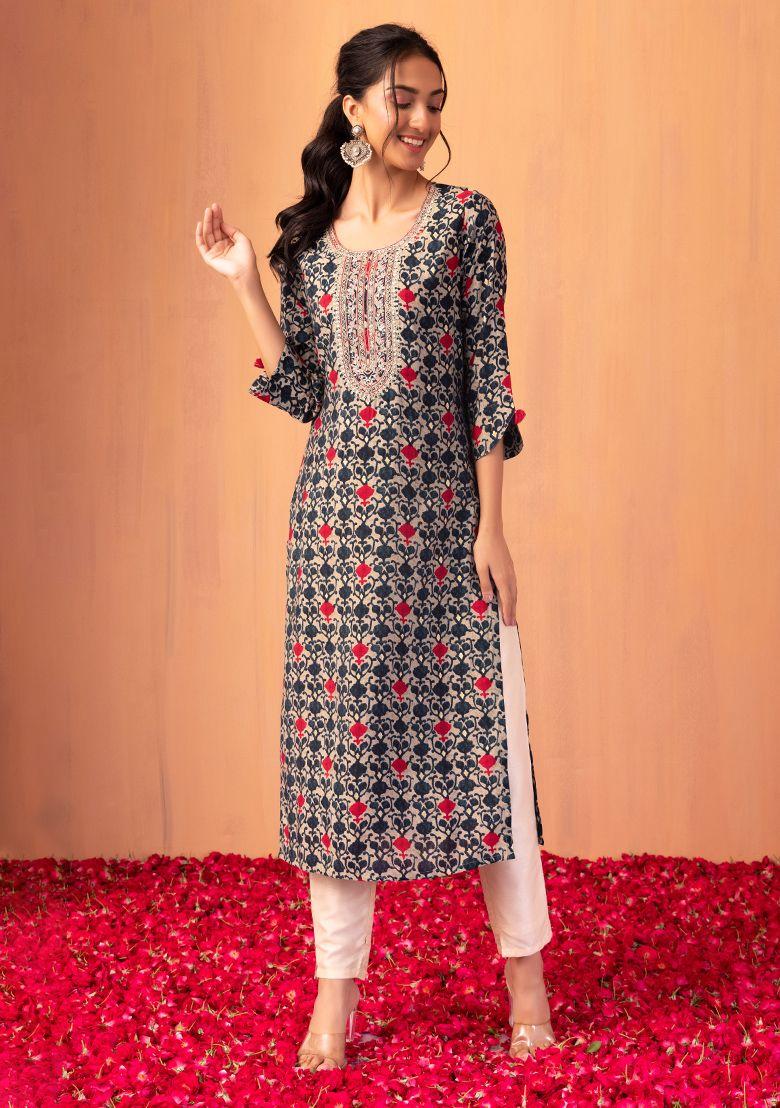 grey batik print embroidered muslin kurta