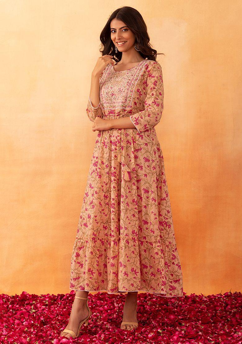 peach floral jaal print embroidered cotton tiered dress