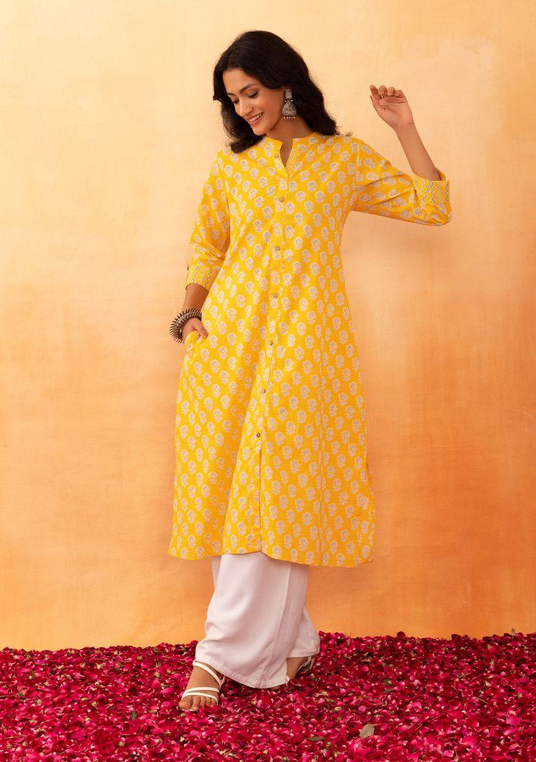 yellow floral boota print cotton kurta