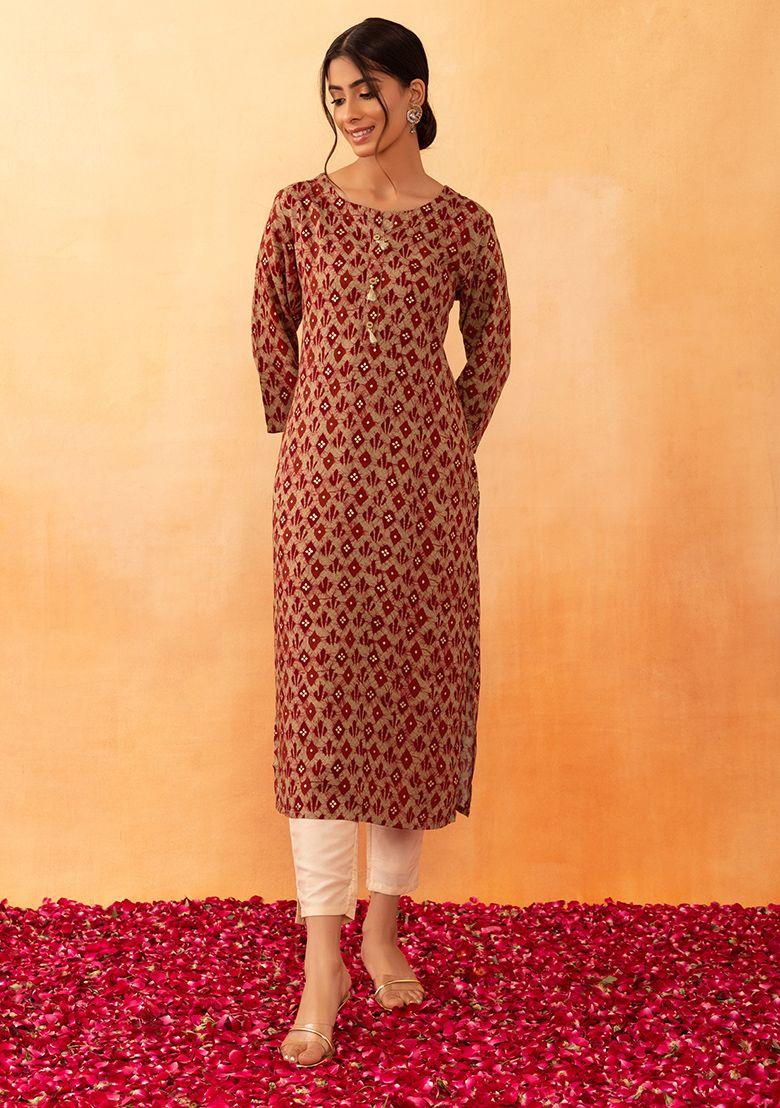 brown and red batik foil print rayon kurta