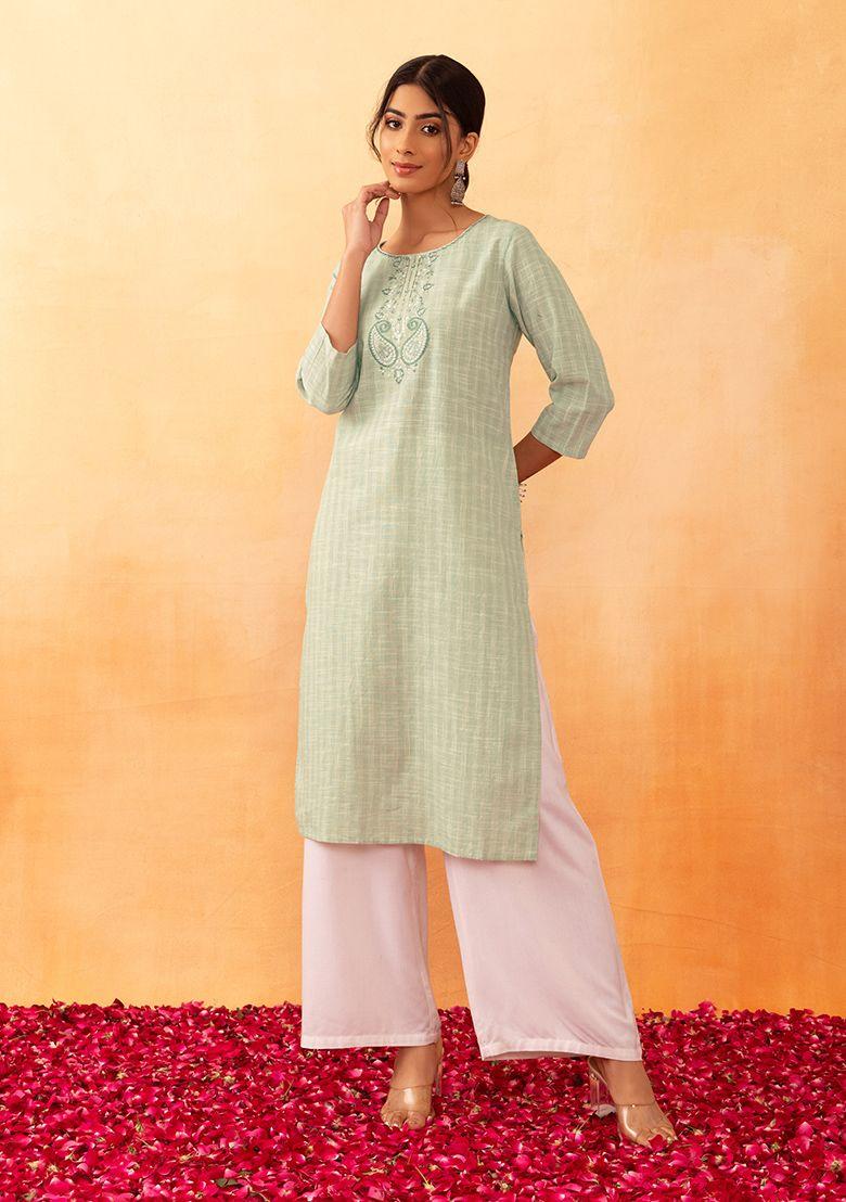 green sequin embroidered cotton kurta