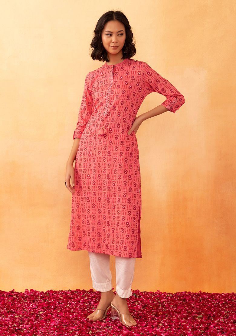 orange boota print rayon kurta