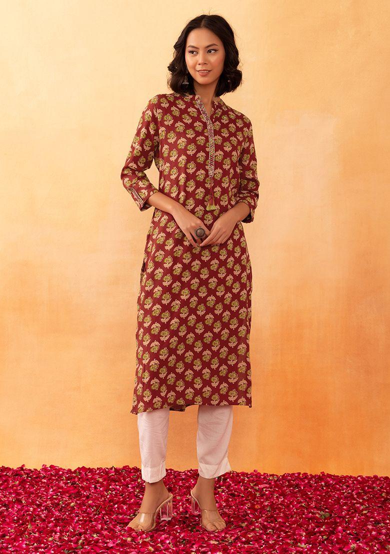 maroon batik boota print rayon kurta