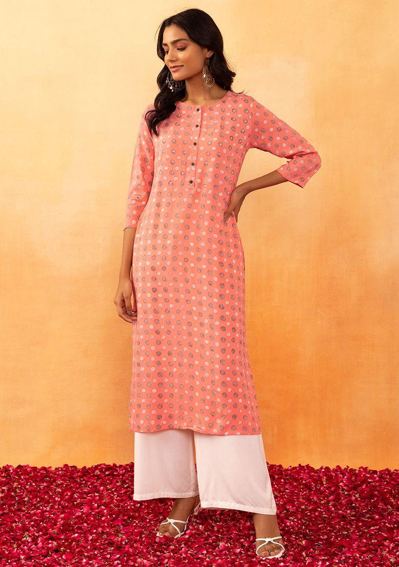 peach batik print embroidered rayon kurta