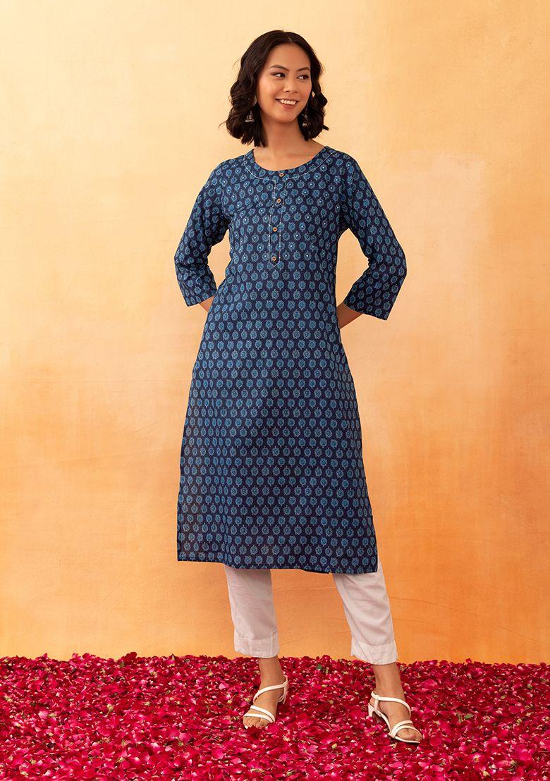 navy blue paisley boota print cotton kurta