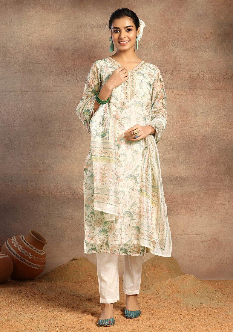 ivory floral print organza kurta with pants and dupatta (set of 3)