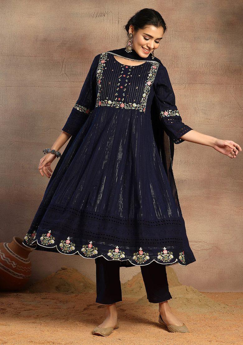 navy blue embroidered schiffli anarkali kurta with pants and dupatta (set of 3)