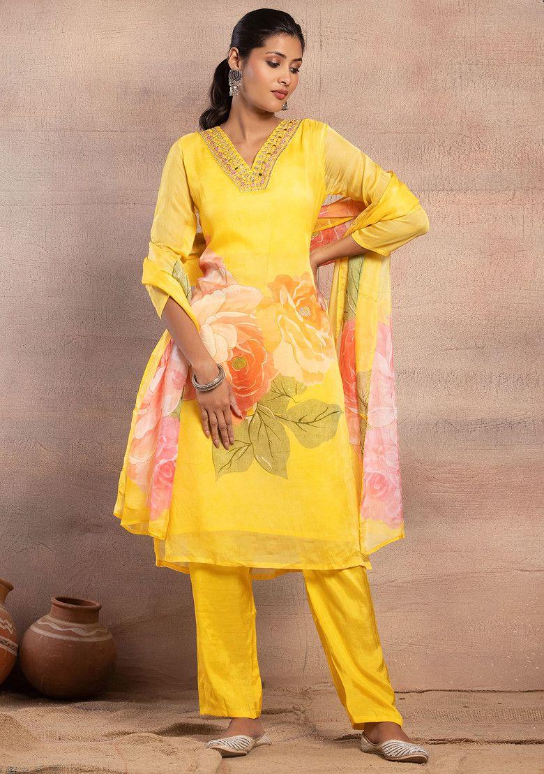 yellow floral print organza kurta with pants and dupatta (set of 3)