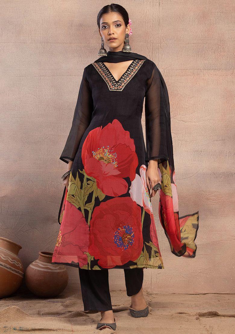 black floral print organza kurta with pants and dupatta (set of 3)