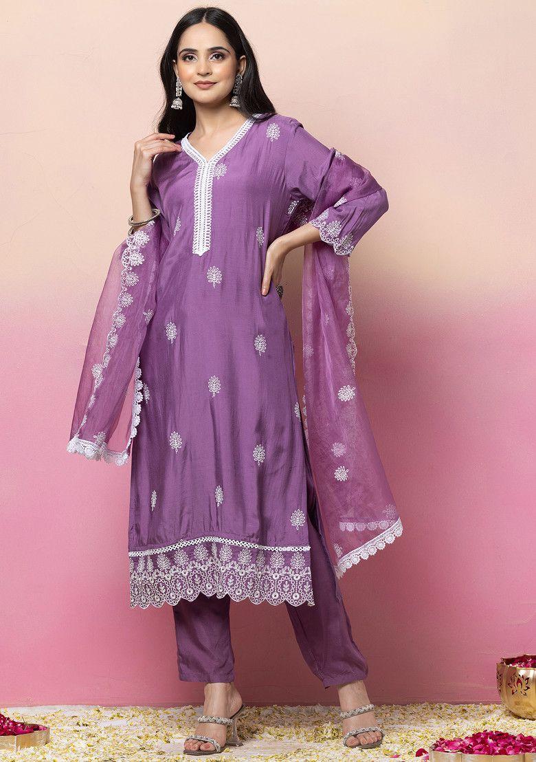 purple thread embroidered muslin kurta with pants and organza dupatta (set of 3)