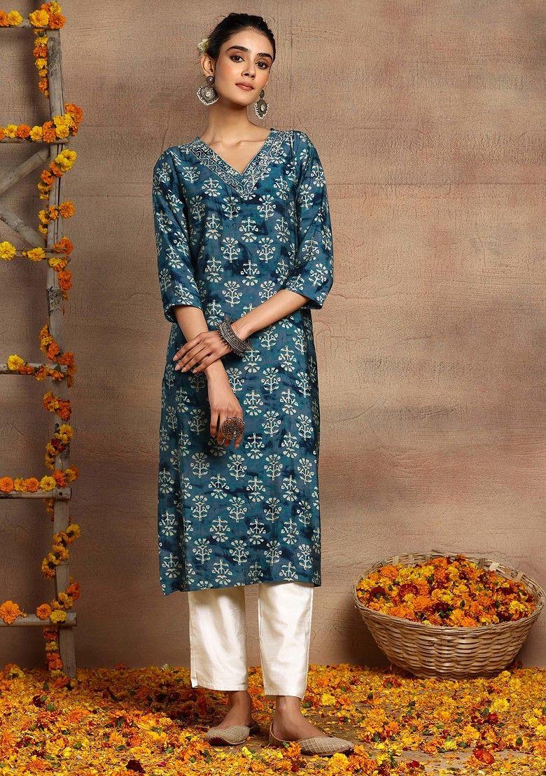 blue boota print v-neck cotton straight kurta