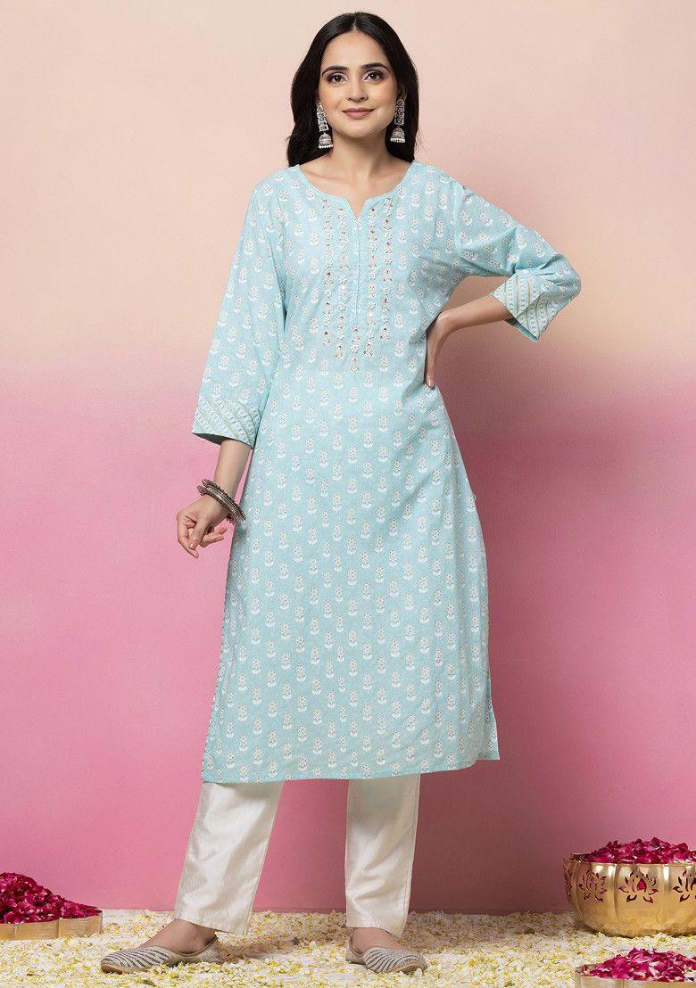 light blue floral boota print cotton kurta