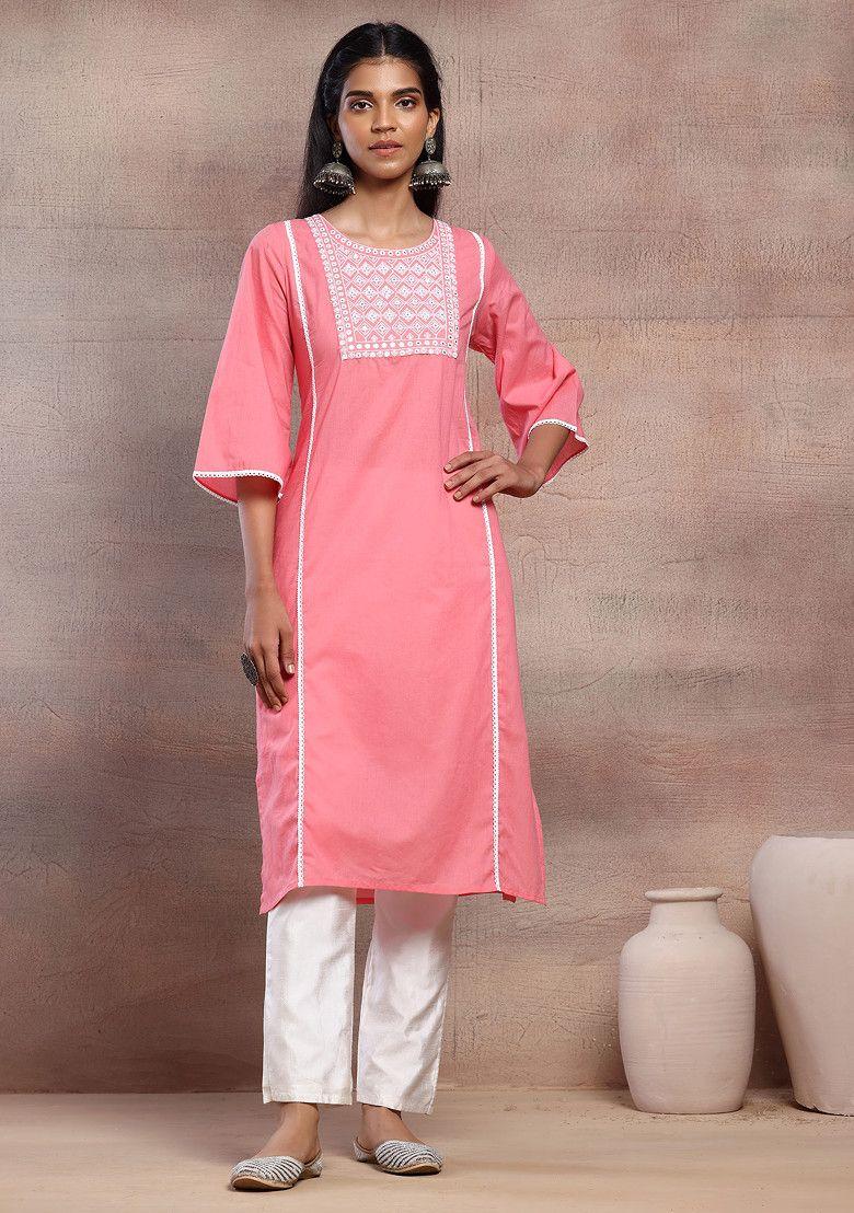 peach mirror and thread embroidered cotton a-line kurta