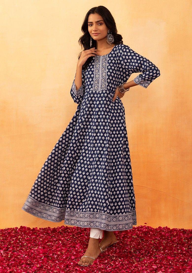 dark blue batik print rayon anarkali kurta