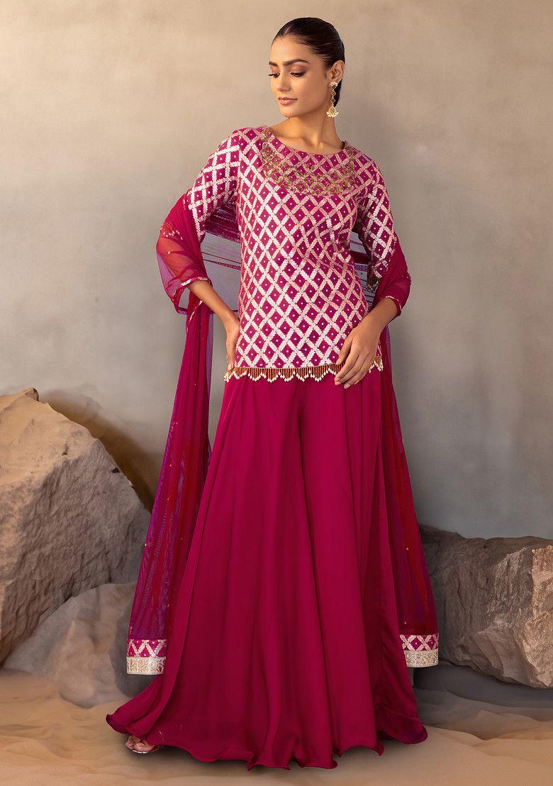 pink jacquard chanderi kurta set with flared palazzo and dupatta