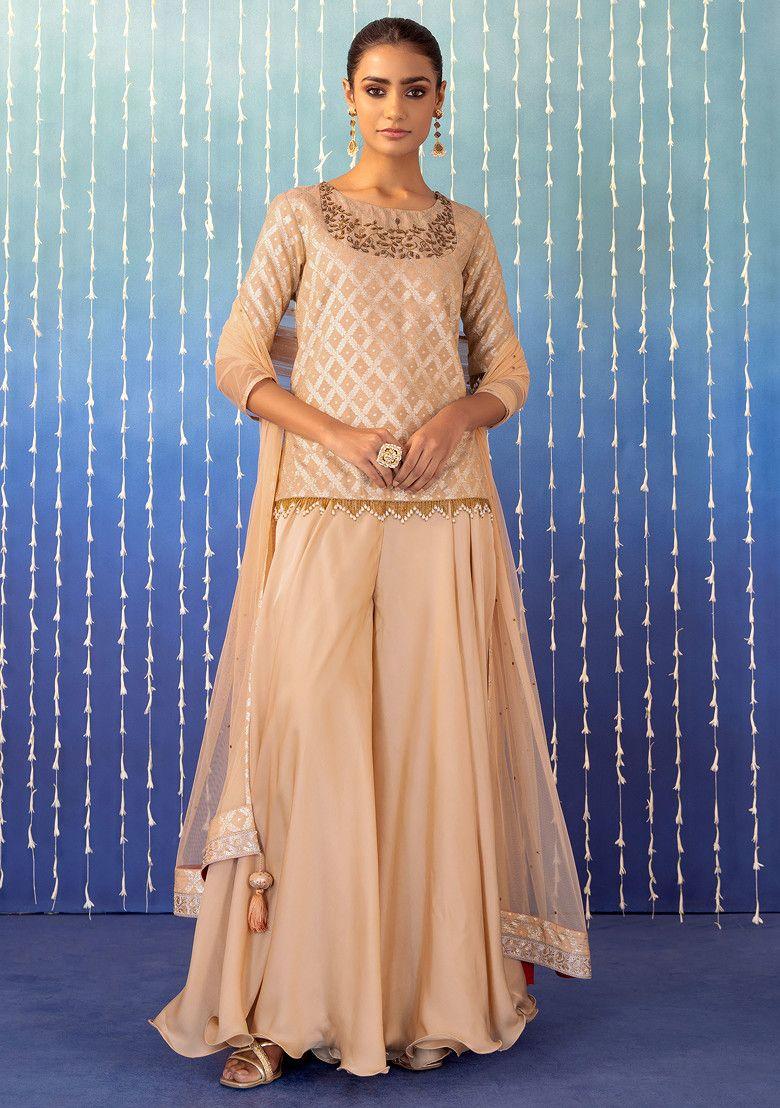 beige jacquard chanderi kurta set with flared palazzo and dupatta