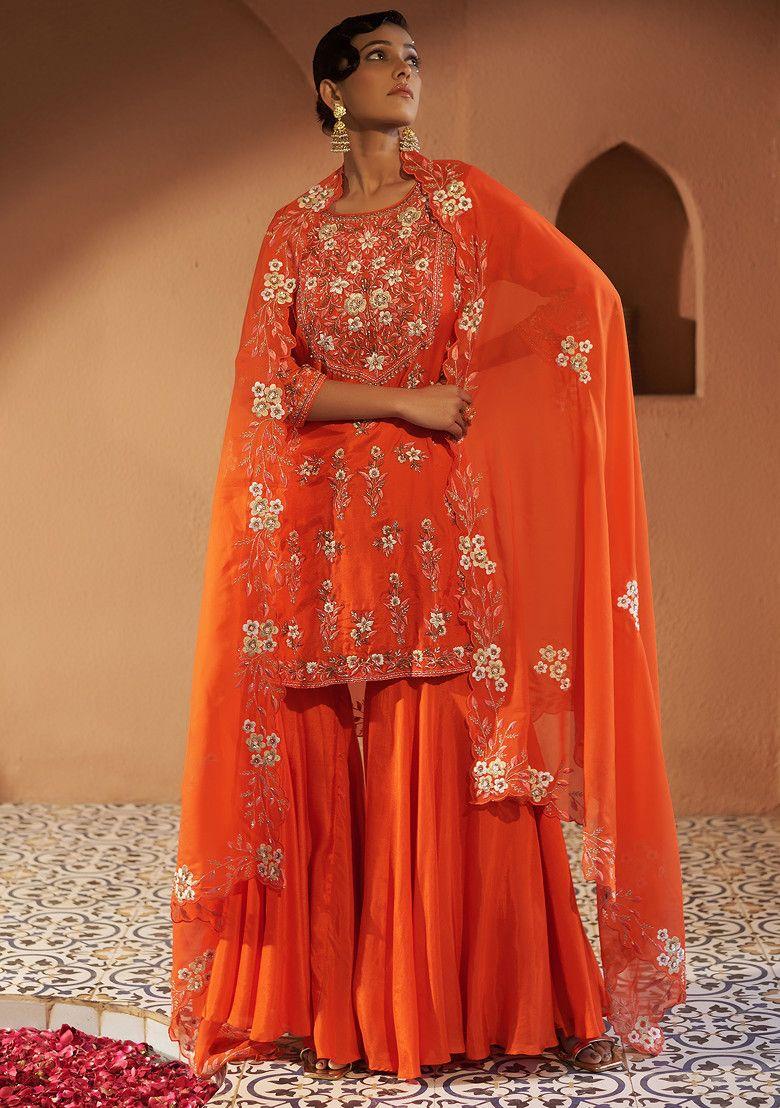 orange zari and pearl embroidered plumeria sharara suit set