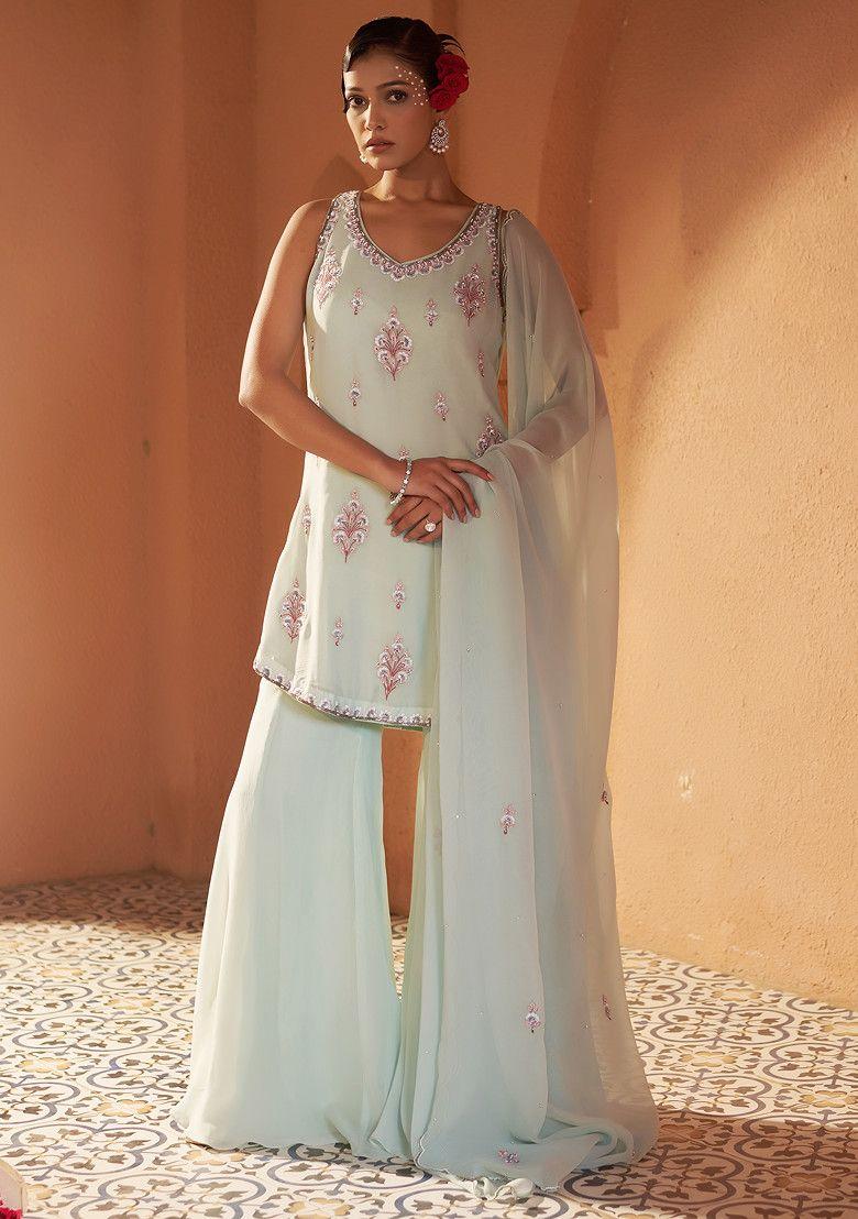 aqua blue sequin resham embroidered camellia sharara suit set