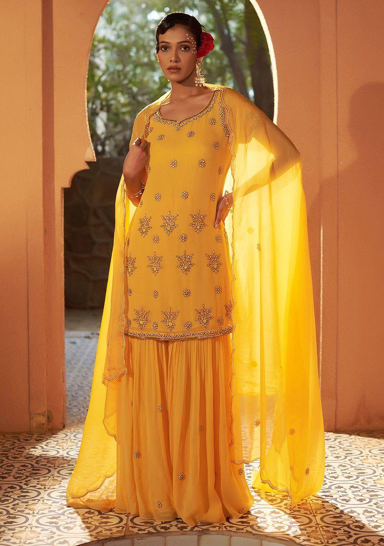 yellow zari resham embroidered daffodil sharara suit set