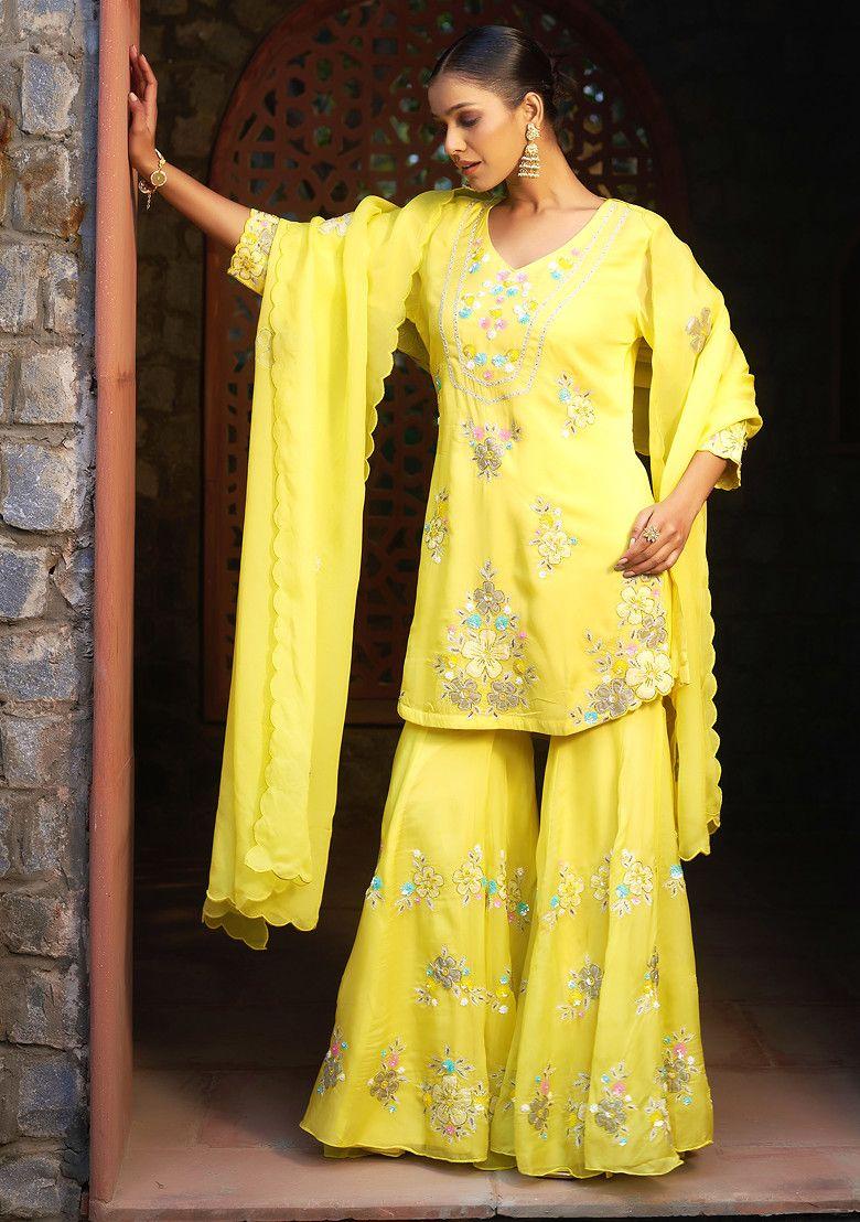 marigold yellow zari sequin embroidered sharara suit set