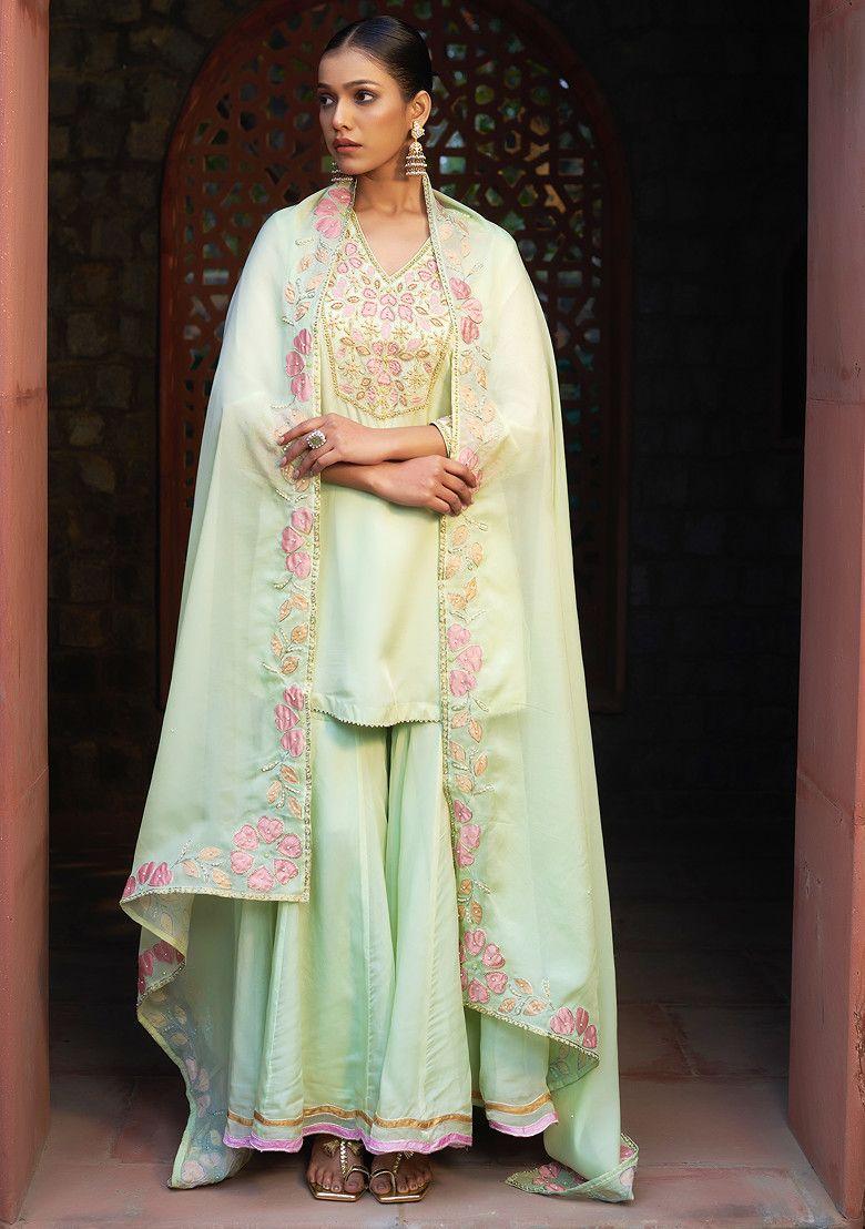 light green zari cutdana embroidered sharara suit set