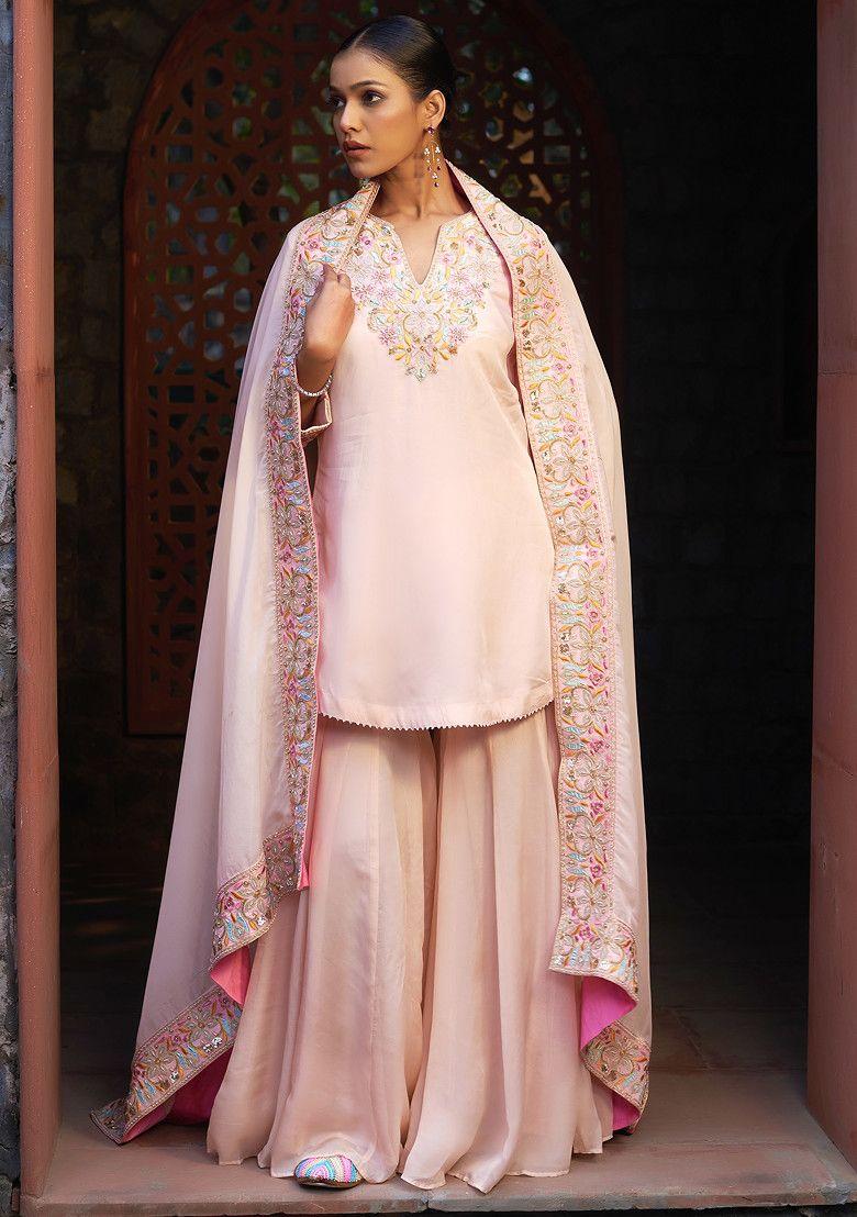 pale pink zari work sharara suit set